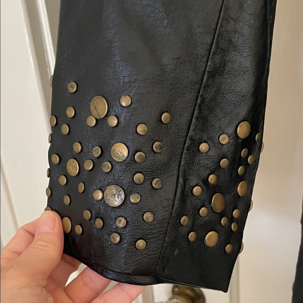 Vintage Pamela McCoy Black Gold Studded Leather Trench Coat - Picture 6 of 10